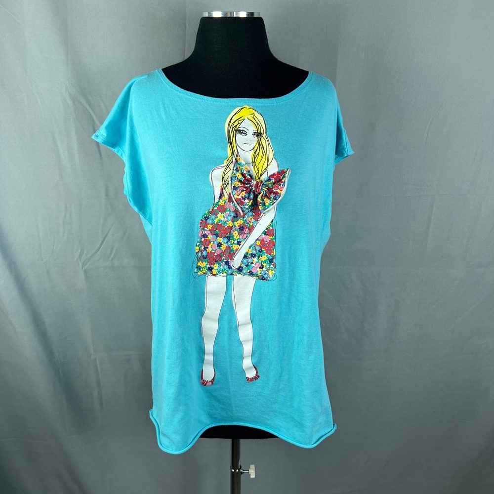 Joe Boxer T Shirt Womens Large Blue Graphic Print Cotton Scoop Neck Streetwear